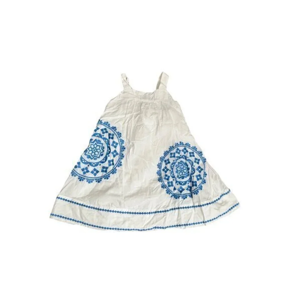 GYMBOREE Girls White Cotton Sundress With Blue Embroidered Medallion Design Size